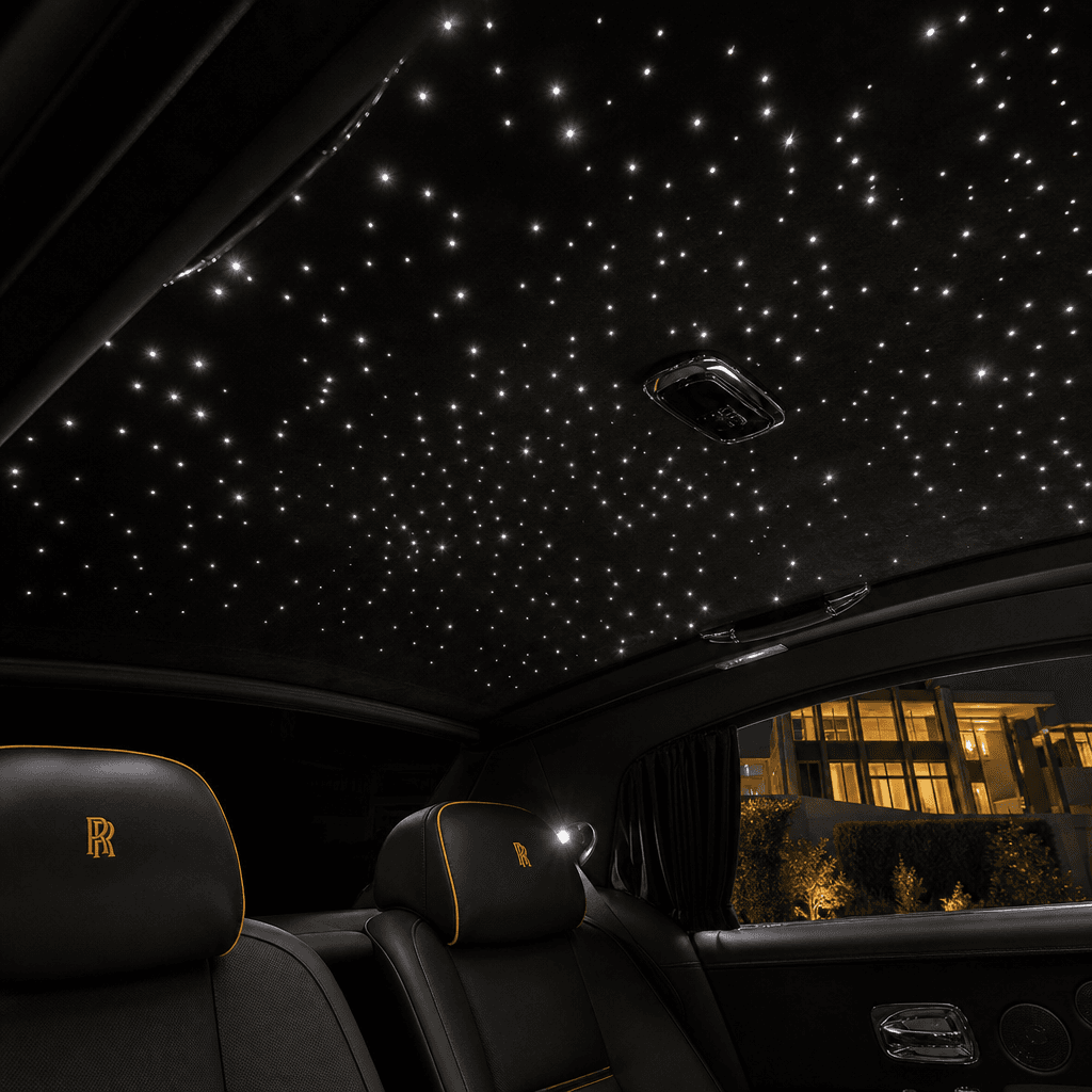 Starlight headliner with blue and white fiber optic stars